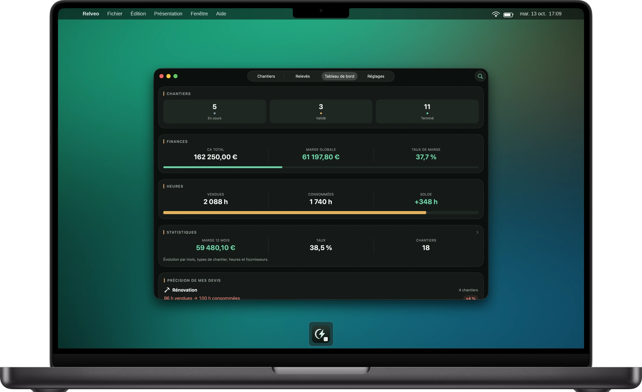 Tableau de bord Relveo sur Mac : chantiers, finances, heures et statistiques