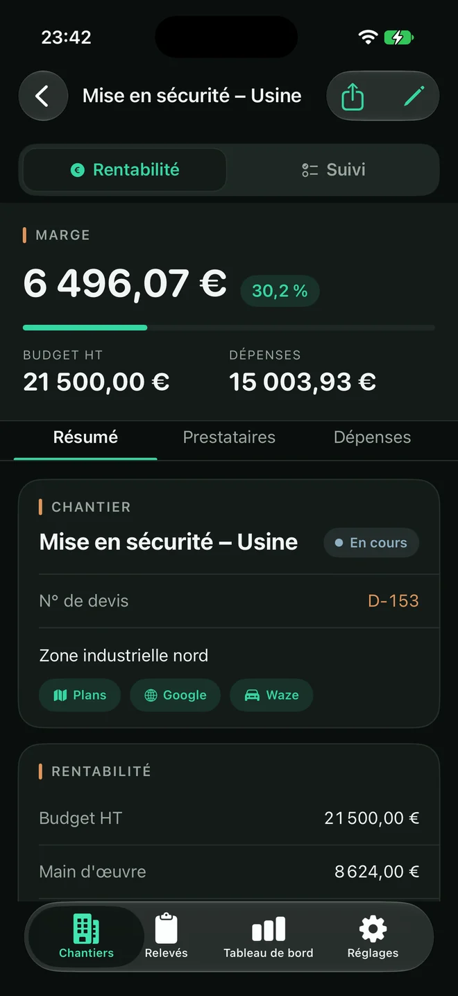 Fiche chantier : budget, dépenses et marge