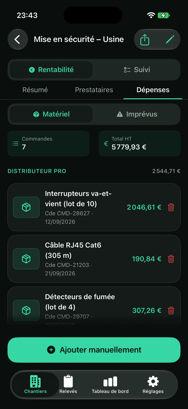 Matériel, commandes et imprévus