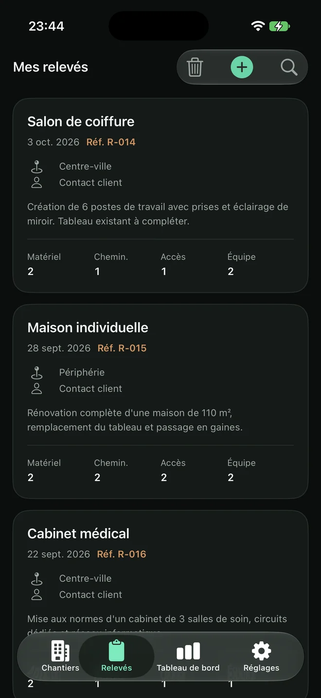 Liste des relevés